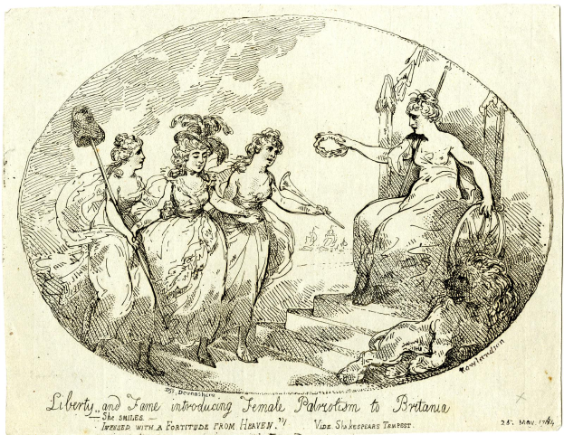 Eine Zeichnung von einer Gruppe von Frauen, die auf einer Bank sitzen, wobei eine eine Gegenstand hält, und ein Text unten mit der Aufschrift "Liberty and Fame Introducing Female Palmetto to Britain".