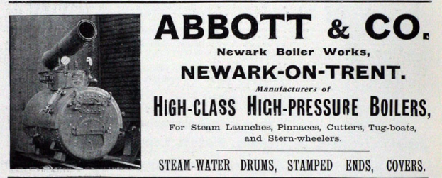 Eine Werbung für Abbott & Co. Newark-on-Trent High-Class High-Pressure Boilers, die ein Bild des Boilers auf der linken Seite mit darauf geschriebenem Text zeigt.
