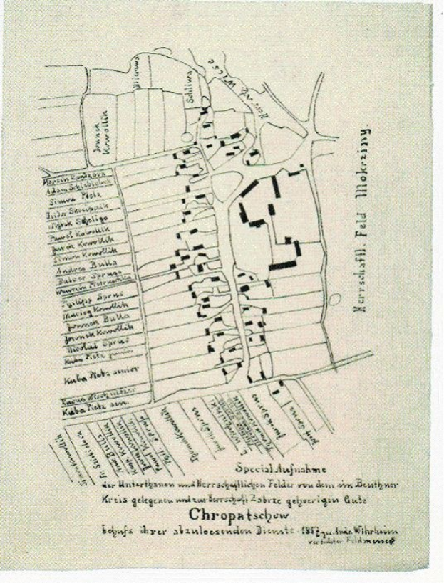 Detailiertes altes Stadtplan von Chropatschow, Deutschland, zeigt Stra├čen, Geb├Ąude, Landmarken und textuelle Informationen über die Stadt.