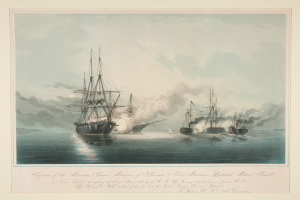 Ein Bild von mehreren Schiffen, die Rauch ausstoßen und auf einem bewölkten Meer segeln, mit dem Text "Explosivstoffe der amerikanischen Artillerie von Boston und New York" unten.