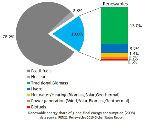 Tortendiagramm, das den globalen erneuerbaren Energieverbrauch im Jahr 2008 zeigt, aufgeteilt nach Quellen einschließlich fossiler Brennstoffe, Kernenergie, Wasser, Warmwasser, Heizung, Biomasse, Solar, Geothermie und Biokraftstoffe.