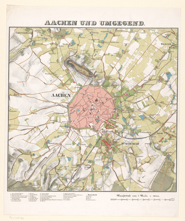 Ein detaillierter alter Stadtplan von Aachen, Deutschland, der Straßen, Gebäude und Sehenswürdigkeiten zeigt, mit Text oben und unten.