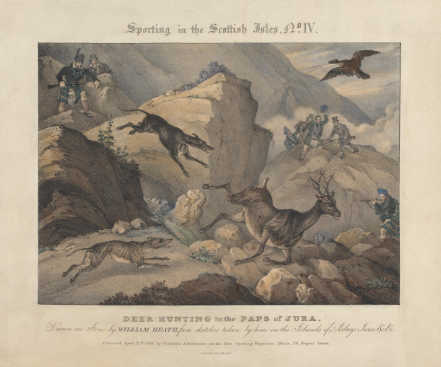 Eine Zeichnung einer Hirschjagdszene auf den schottischen Inseln, die Menschen, Tiere, Felsen, Pflanzen und einen fliegenden Vogel zeigt, mit Text am unteren Rand des Papiers.