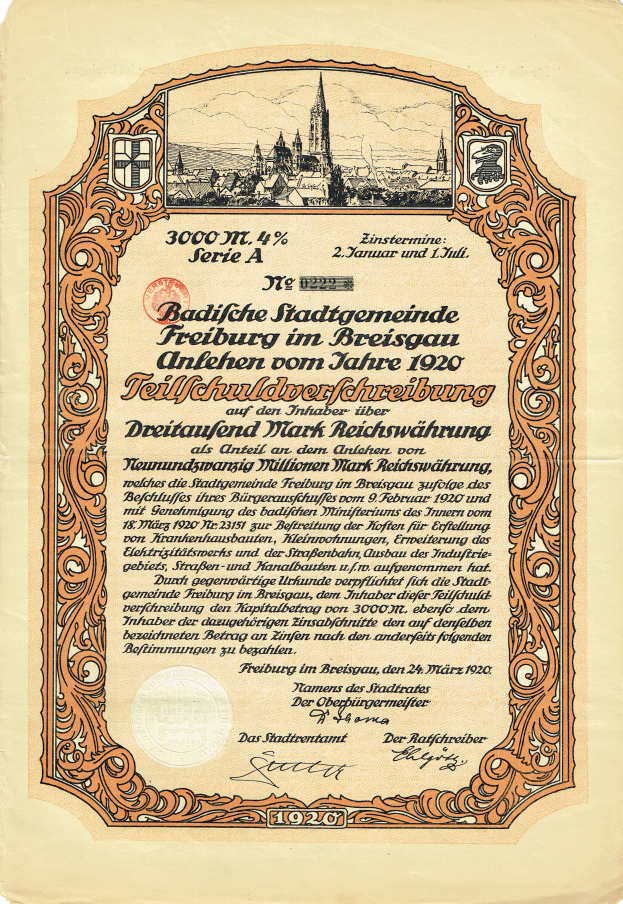 Ein altes deutsches Aktienzertifikat mit einer Stadtansicht-Illustration und Textangaben zum Ursprung der Aktie.