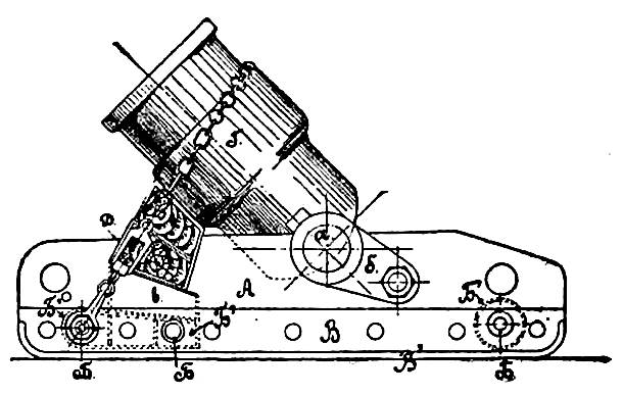 Eine detaillierte Schwarz-Weiß-Zeichnung eines deutschen Panzers aus dem frühen 20. Jahrhundert, die eine Kanone und andere sichtbare Komponenten zeigt.