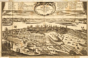 Ein detaillierter alter Stadtplan von Stuttgart, Deutschland, der Straßen, Gebäude, Menschen, Bäume, Wasser und Text enthält, der die Geschichte, Kultur und Sehenswürdigkeiten der Stadt beschreibt.