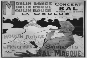 Ein Schwarz-Weiß-Plakat, das ein Moulin-Rouge-Konzert in Paris ankündigt, mit einem tanzenden Mann und einer Frau und Text auf dem Plakat.
