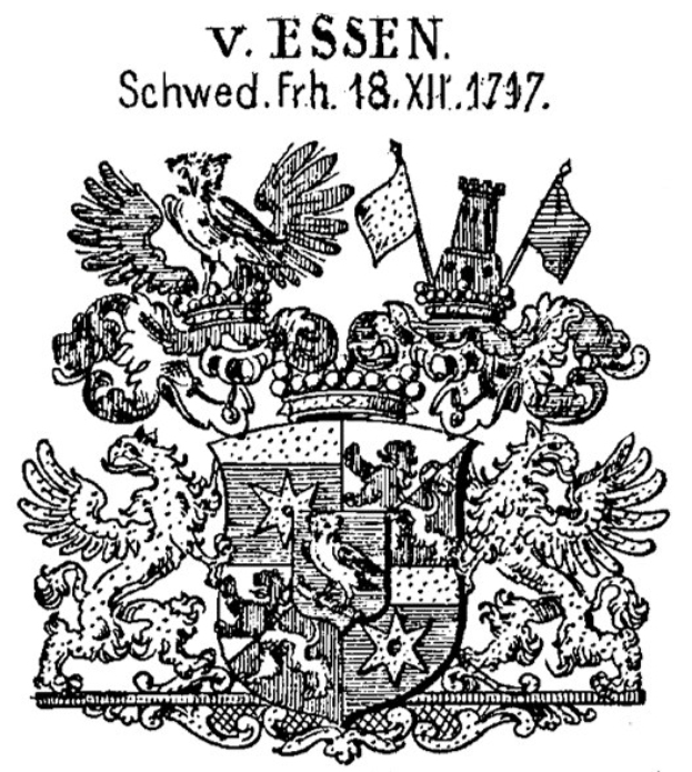 Schwarz-weißes Wappen von Essen, Deutschland, mit Text über und unter dem Wappen.