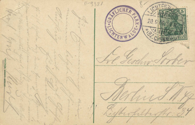 Alte Postkarte mit einer Briefmarke, auf der "Lichtenwald, Germany - Cover to Germany" steht, sowie handgeschriebener Text und zwei zusätzliche Stempel in der rechten oberen Ecke.