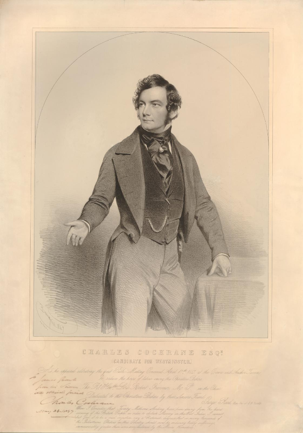 Porträt von Charles Cochrane Esq. in einem Anzug mit ernster Miene, mit kursiver Schrift unten.