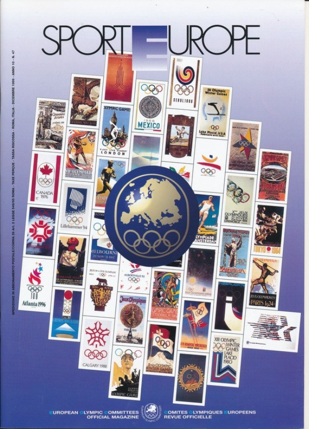 Ein Buchumschlag mit dem Titel "Sporting Europe", der farbenfrohe Bilder und Texte zu den Olympischen Spielen in Europa zeigt, mit fetter weißer Schrift auf einem bunten, detailreichen Design.