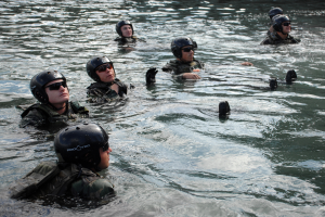 Eine Gruppe von Menschen in Helmen und Schwimmbrillen, die in ruhigem, klarem Wasser unter einer strahlenden Sonne schwimmen und in dieselbe Richtung bewegen.