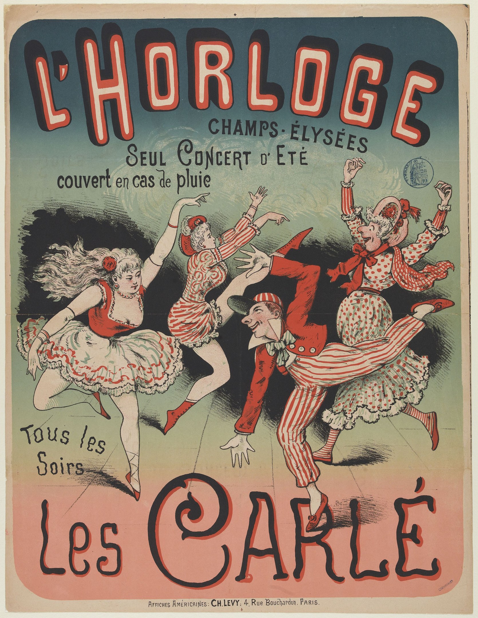 Plakat für ein Konzert in der Chorlage in Paris mit einer Gruppe tanzender Menschen in bunten Kostümen auf einem hellgelben Hintergrund.