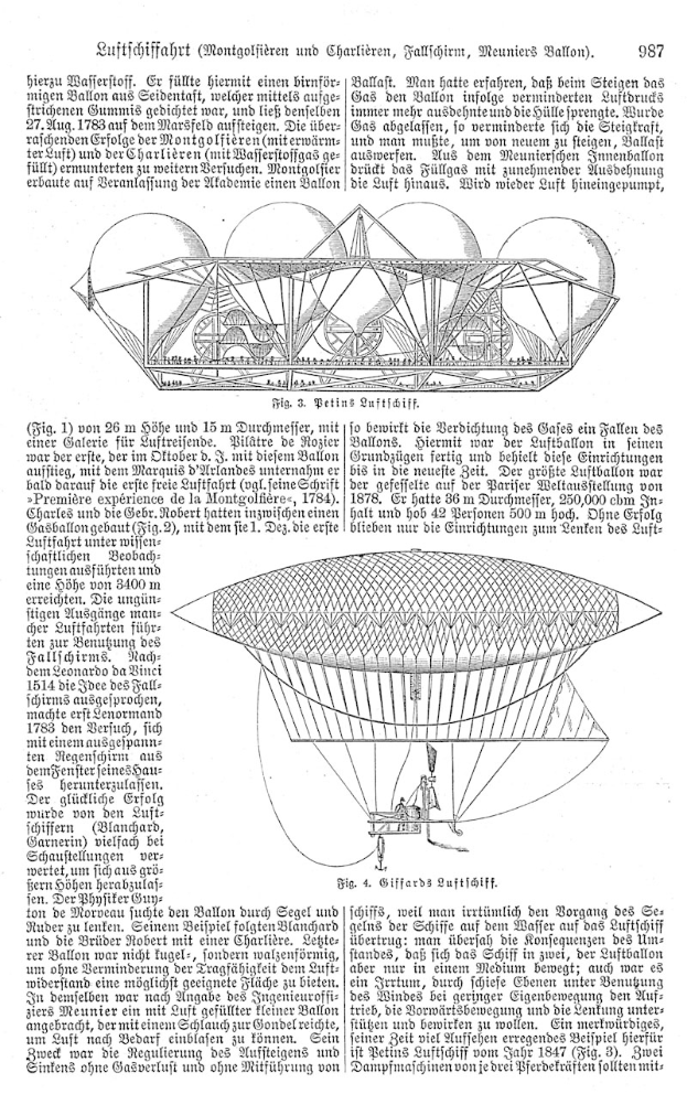 Altes Buchcover mit einer Zeichnung eines 19. Jahrhundert-Luftschiffs mit begleitendem Text.