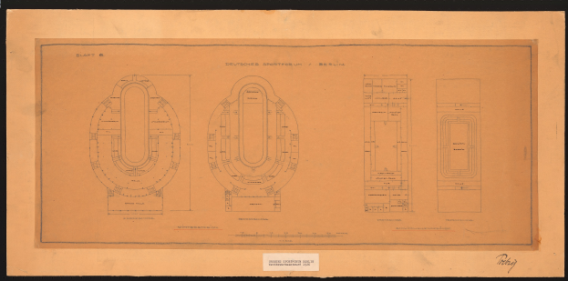 Eine Schwarz-Weiß-Architekturzeichnung des Deutschen Sportforums in Berlin, einschließlich eines detaillierten Grundrisses und beschreibendem Text.