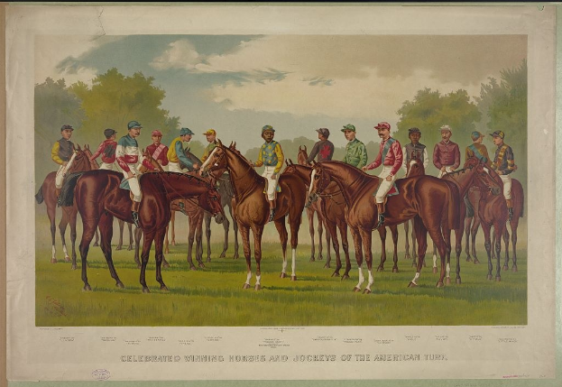 Gruppe von Menschen, die auf Pferden durch eine grüne Wiese mit Bäumen im Hintergrund und einem klaren blauen Himmel reitet, Text unten lautet "Feier der siegreichen Pferde und Jockeys des amerikanischen Rasens".