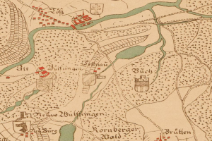 Ein detailliertes altes Stadtplan von Berlin, Deutschland, der die Schlacht am Rhein zeigt, mit beschrifteten Städten, Dörfern und dem Verlauf des Flusses, begleitet von erklärendem Text.