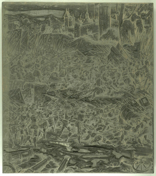 Schwarzes und weißes chaotisches Bild mit aufgeregten Menschen, die laufen, hohe Gebäude im Hintergrund, verstreute Gegenstände und Text unten.