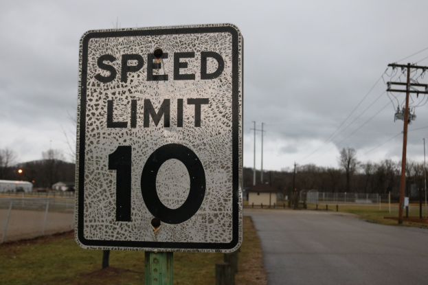 Geschwindigkeitsbegrenzungsschild am Rande einer Straße mit Gras, Strommästen, einem Zaun, Häusern, Bäumen und einem bewölkten Himmel im Hintergrund.