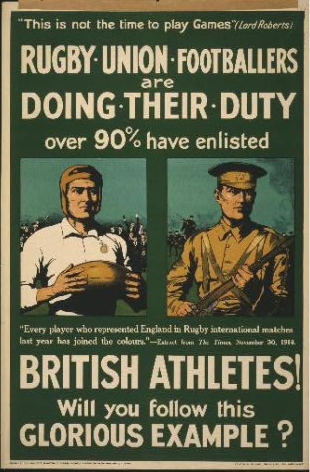 Plakat mit zwei Rugbyspielern in Militäruniform mit Text über britische Athleten, die sich verpflichtet haben.