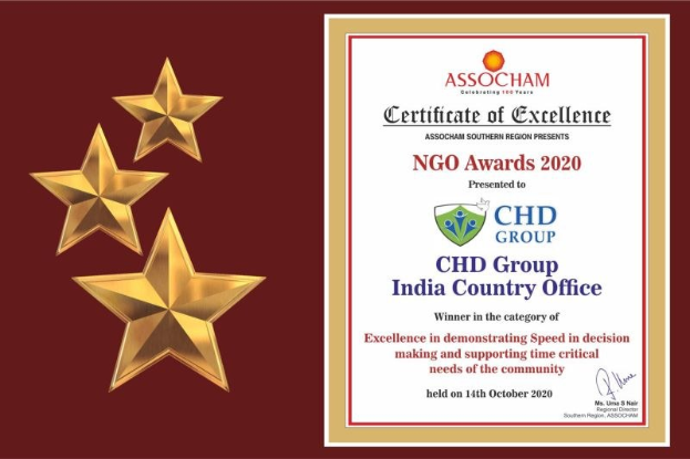 Certificate of Excellence für die NGO Awards 2020 an Chd Group India Country Office verliehen, mit einem Schild-Logo mit einem zentralen Stern und einem Lorbeerkranz.