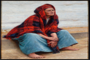 Eine alte Frau sitzt bei Sonnenuntergang in einem hellen Kleid mit einem Dutt auf dem Strand, die Augen geschlossen und die Hände im Schoß, in einem Foto Rahmen.