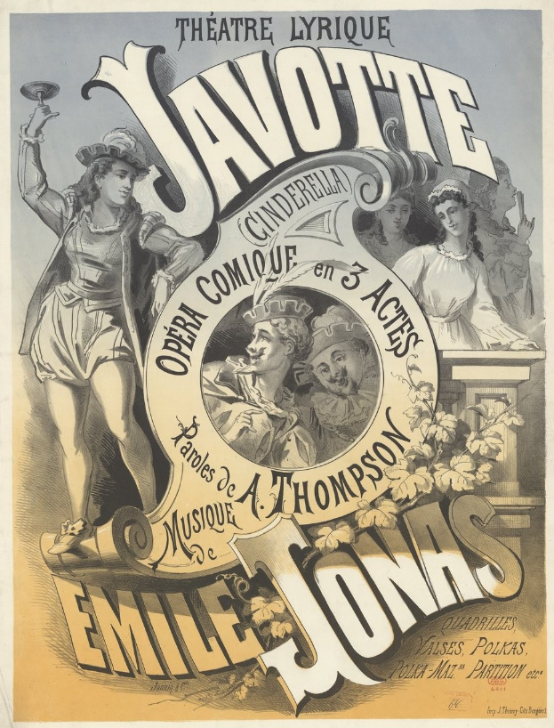Ein Plakat für das Stück "Javotte" von Emilie Jonas, das eine Gruppe von Menschen in bunten Kostümen zeigt, einige mit Hüten und andere mit Umhängen, vor einem hellgelben Hintergrund mit fetter schwarzer Schrift.