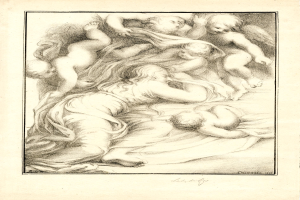 Eine Zeichnung einer Frau auf einem Bett umgeben von einer Gruppe von Kindern, die bewundernd zu ihr aufschauen, mit Text unten, der ein Gefühl der Ruhe und des Friedens vermittelt.