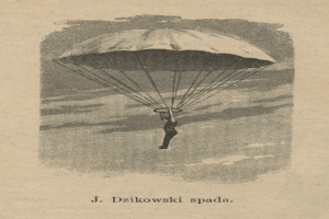 Ein altes Buch mit einer Zeichnung einer Person, die mit einem Gleitschirm fliegt, und Text unten.