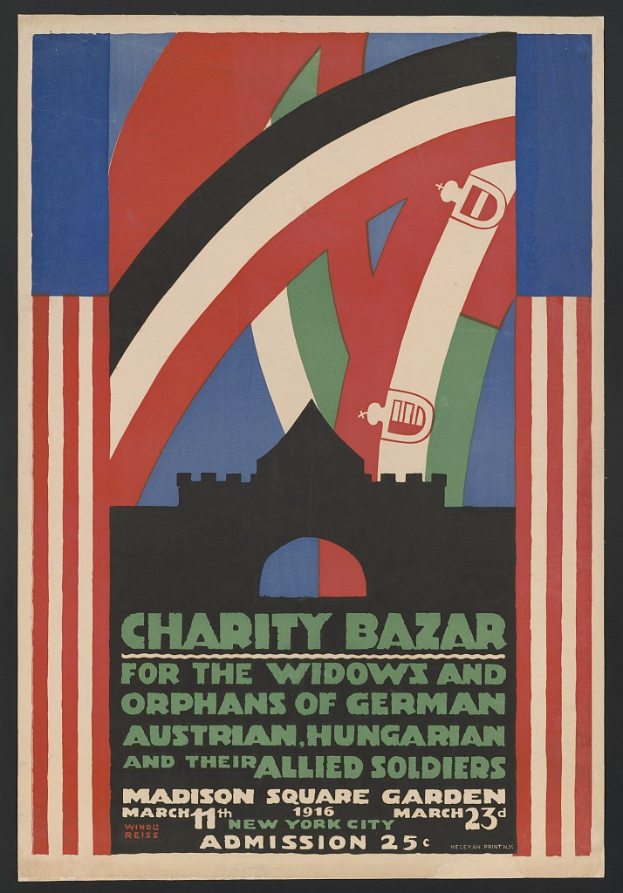 Plakat für den Wohltätigkeitsbasar für die Witwen und Waisen deutscher, australischer, ungarischer und alliierter Soldaten, mit Text zu den Veranstaltungseinzelheiten.
