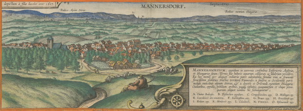 Ein alter Stadtplan von Mannersdorf, Deutschland, mit üppigen grünen Bäumen, verstreuten Häusern, sanften Hügeln, Menschen, die spazieren gehen, und dekorativem Text.