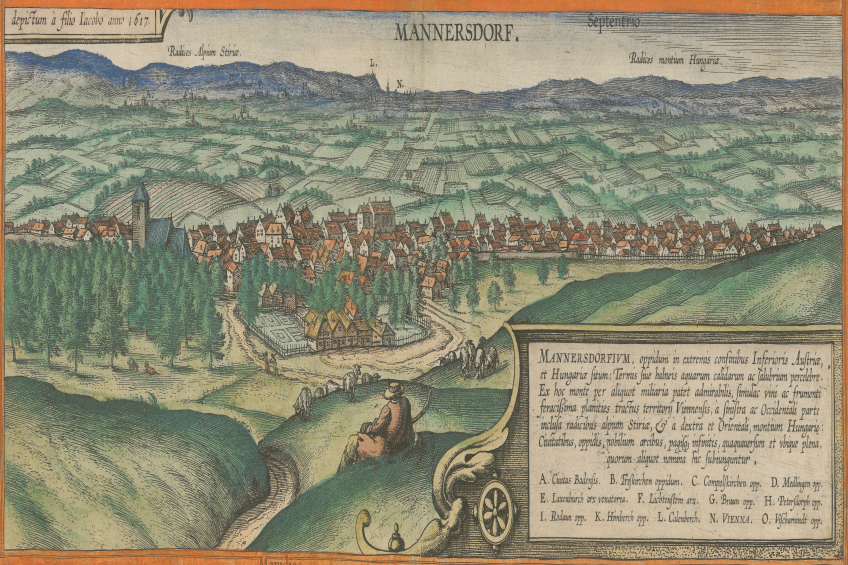 Ein alter Stadtplan von Mannersdorf, Deutschland, mit üppigen grünen Bäumen, verstreuten Häusern, sanften Hügeln, Menschen, die spazieren gehen, und dekorativem Text.