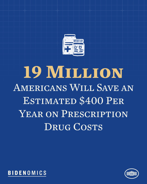 Ein blauer Hintergrund mit weißer Schrift und einem Logo, das '19 Millionen Amerikaner werden geschätzt jährlich 400 USD an Arzneikosten sparen' lautet.