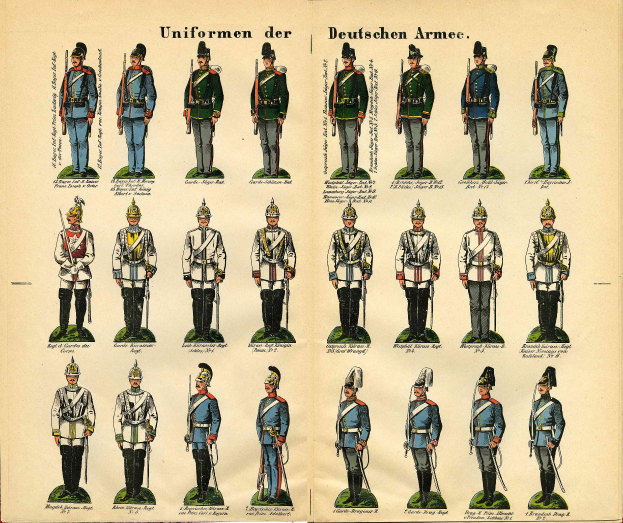 Ein Buch, das bunte deutsche Armee-Militäruniformen mit detaillierten Elementen wie Helmen, Gewehren und anderen Waffen zeigt.