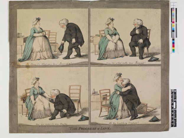 Ein Blatt mit einem hellblauen Hintergrund zeigt eine Zeichnung eines Mannes in Anzug und Krawatte und einer Frau in Schürze und Kleid, die auf Stühlen sitzen, mit der Überschrift "Der Fortschritt der Liebe" in fetter schwarzer Schrift darüber. Beide sehen zufrieden aus.