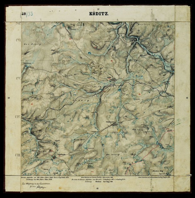 Schwarze und weiße topografische Karte von Köditz, Deutschland, zeigt Berge, Flüsse und andere geografische Merkmale mit klassischer Serifenschrift.