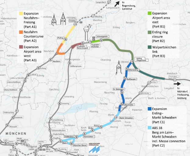 Eine detaillierte Karte einer Stadt, die eine Zugroute von München nach Frankfurt hervorhebt, mit Haltestellen, umliegenden Gebieten und Text mit zusätzlichen Informationen über den Zug.