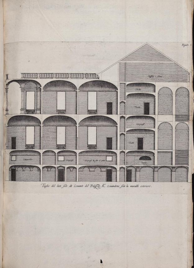 Offenes Buch mit einer mehrstufigen Gebäudeillustration und begleitendem Text, der dessen Größe, Form und Merkmale beschreibt.