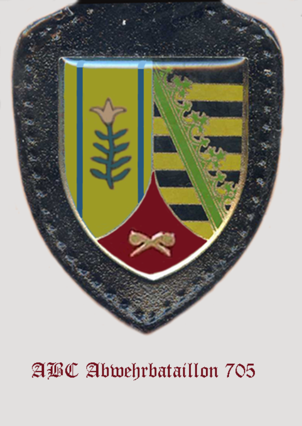 Ein Abzeichen mit einem Wappen, das ein Schild mit einem blauen Hintergrund, einen gelben Stern in der Mitte und ein rot-weißes Karomuster zeigt, mit der Beschriftung "ABC Abmehrbatallion 705" unten.