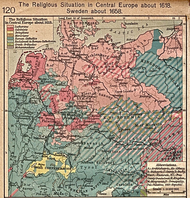 Plakat mit einer detaillierten 1618-Karte von Mitteleuropa, die die religiöse Landschaft hervorhebt, begleitet von erklärendem Text.