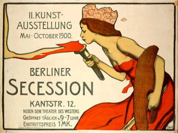 Ein Plakat, das eine Berliner Sezession im Jahr 1900 ankündigt und eine Frau in einem roten Kleid zeigt, die ein Objekt hält, mit Text, der Informationen über das Ereignis enthält.
