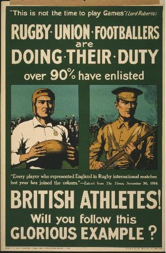 Britische Rugbynationalspieler in einem Plakat, das über 90% Einberufung britischer Athleten wirbt.