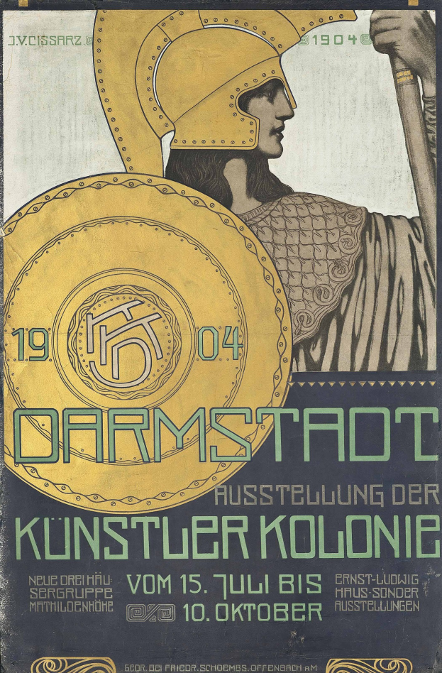 Plakat für ein 1904er Berlin-Konzert mit einem Helmträger, der ein Schild hält, mit "Darmstadt" und "Künstler Kolonie" in fetter Schrift.