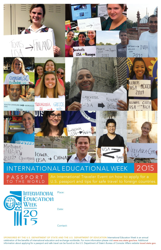 Plakat für die Internationale Bildungswoche 2015 mit einer Gruppe strahlender Menschen, die Schilder mit Veranstaltungstext halten.