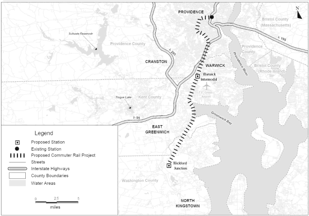 Eine Schwarz-Weiß-Karte einer Stadt mit einem Fluss, beschriftet mit "Vorgeschlagenes Nahverkehrsprojekt" auf der linken Seite, die Straßen, Autobahnen und andere Stadtmerkmale zeigt.