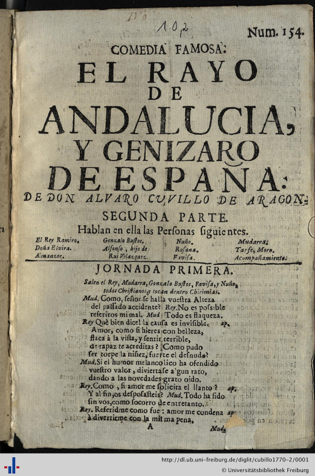 Ein aufgeschlagenes Buch mit dem Titel "El Rayo de Andalucia y Genizar de España" mit leicht gelblichen Seiten, wahrscheinlich eine Sammlung von Komödien.