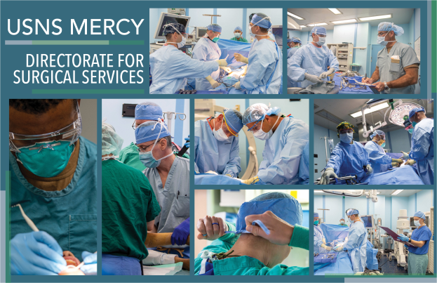 Eine Gruppe von medizinischen Fachleuten in Masken, Kappen und Handschuhen führt einen Eingriff in einem Operationssaal durch, mit Text auf der linken Seite, der "USNS Mercy Directorate for Surgical Services" lautet.