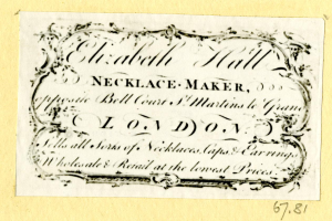 Eine alte Visitenkarte mit einem Bild eines Halskettenschmiedes und Text, der seine Dienstleistungen beschreibt.