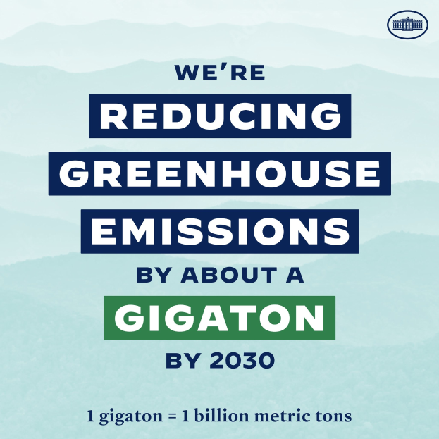 Plakat mit Text und Logo, das "Wir reduzieren die Treibhausgasemissionen bis 2030 um etwa eine Gigatonne" besagt und für die Reduzierung der Treibhausgasemissionen bis 2030 wirbt.