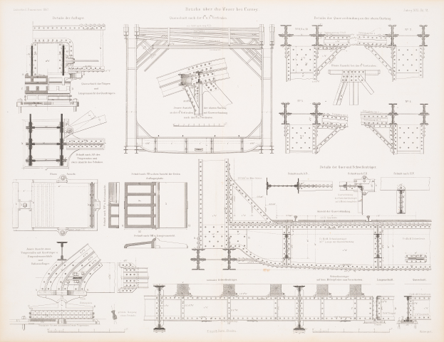 Ein detailliertes Bild einer Eisenbahnbrücke in einem Buch, das ihre Bögen, Balken und andere strukturelle Merkmale zeigt, mit begleitendem Text, der ihren Bau beschreibt.